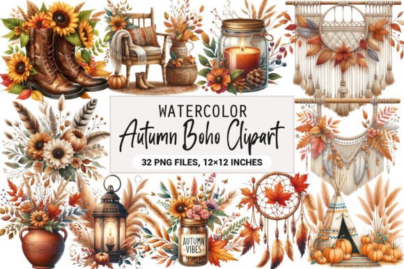 Download Watercolor Autumn Boho Clipart Bundle - Bundle Collection